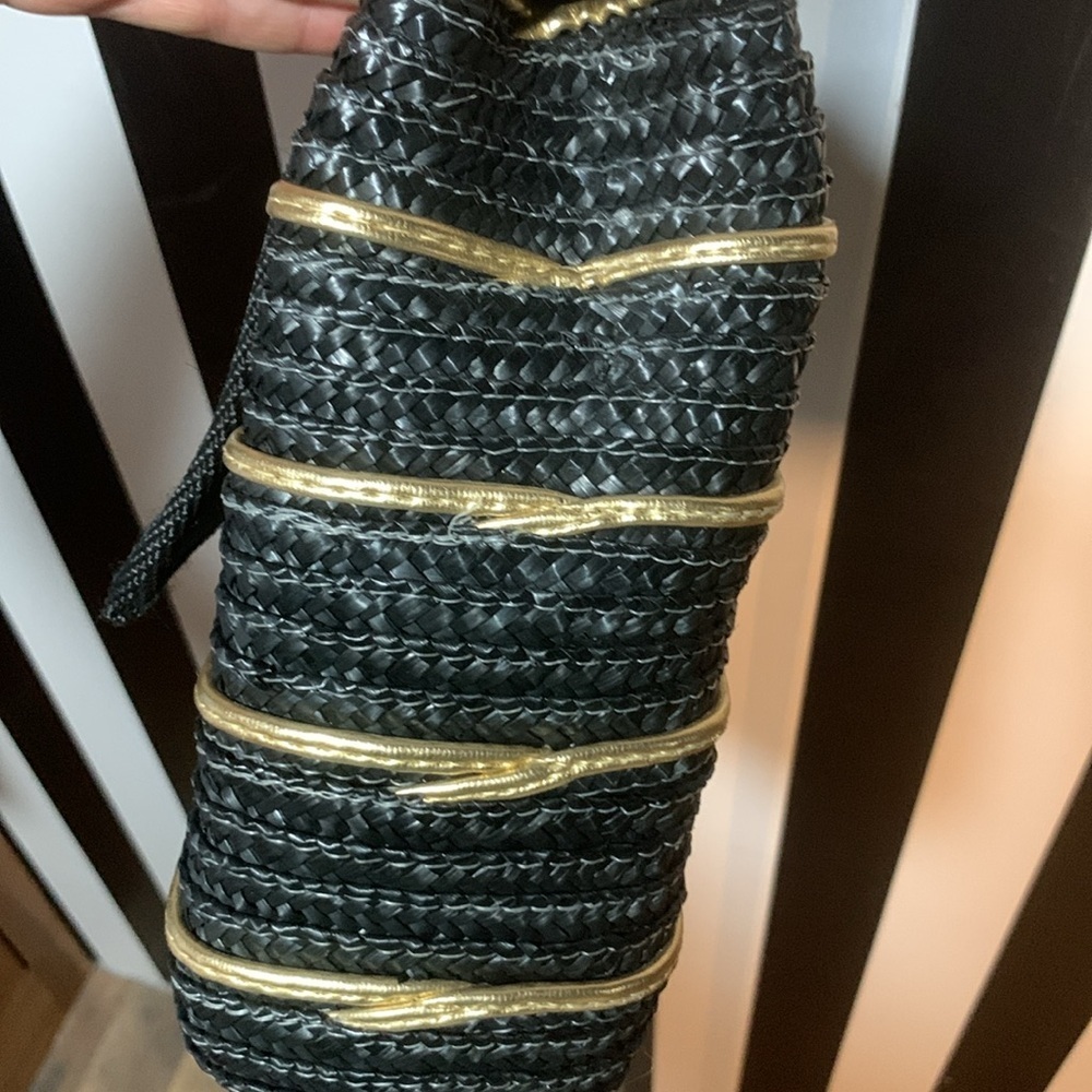 Vintage Black/Gold Woven Straw Bag Purse Pocketbook Coastal Nautical Beach Bag - Picture 13 of 16